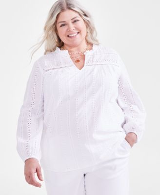 Style & Co - Plus Size Cotton Eyelet-Embroidered Blouson-Sleeve Top