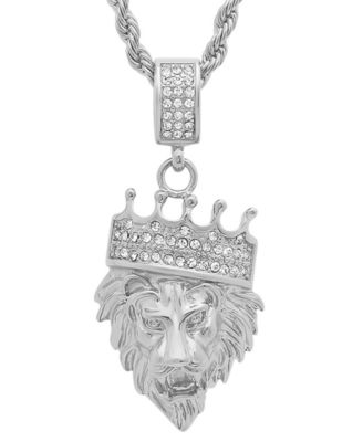 Men's Stainless Steel Simulated Diamond Crowned Lion's Head 30" Pendant Necklace