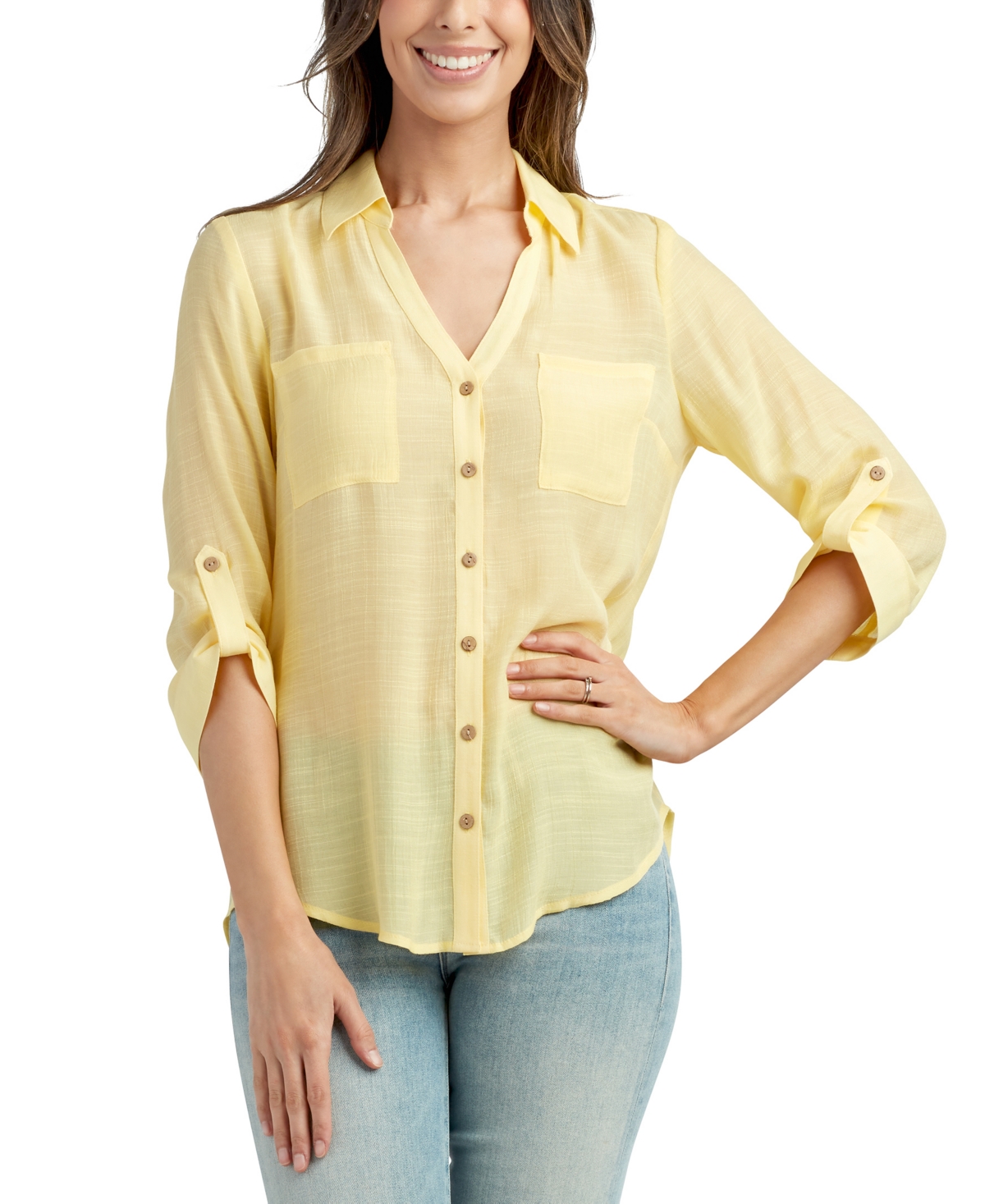 Juniors' V-Neck Tab-Sleeve Shirt - Yellow
