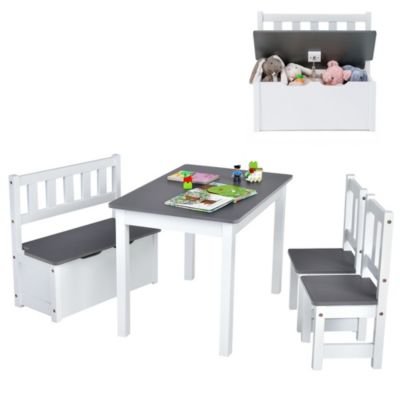 4 PCS Kids Wooden Activity Table & Chairs Set w/ Storage Bench Study Desk