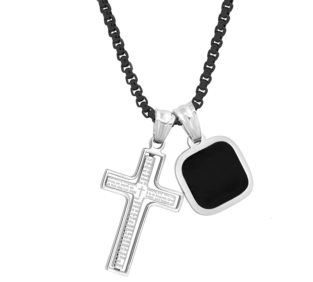 Steeltime Men's Silver-Tone Our Father English Prayer Spinning Cross & Square Pendant Necklace, - Silver