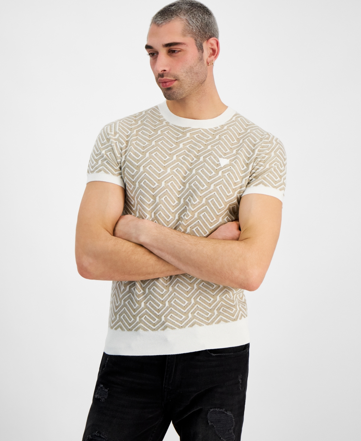 Guess Men's Regular-fit Carl Geometric T-shirt In Salt And Khaki Storm Geometric Combo