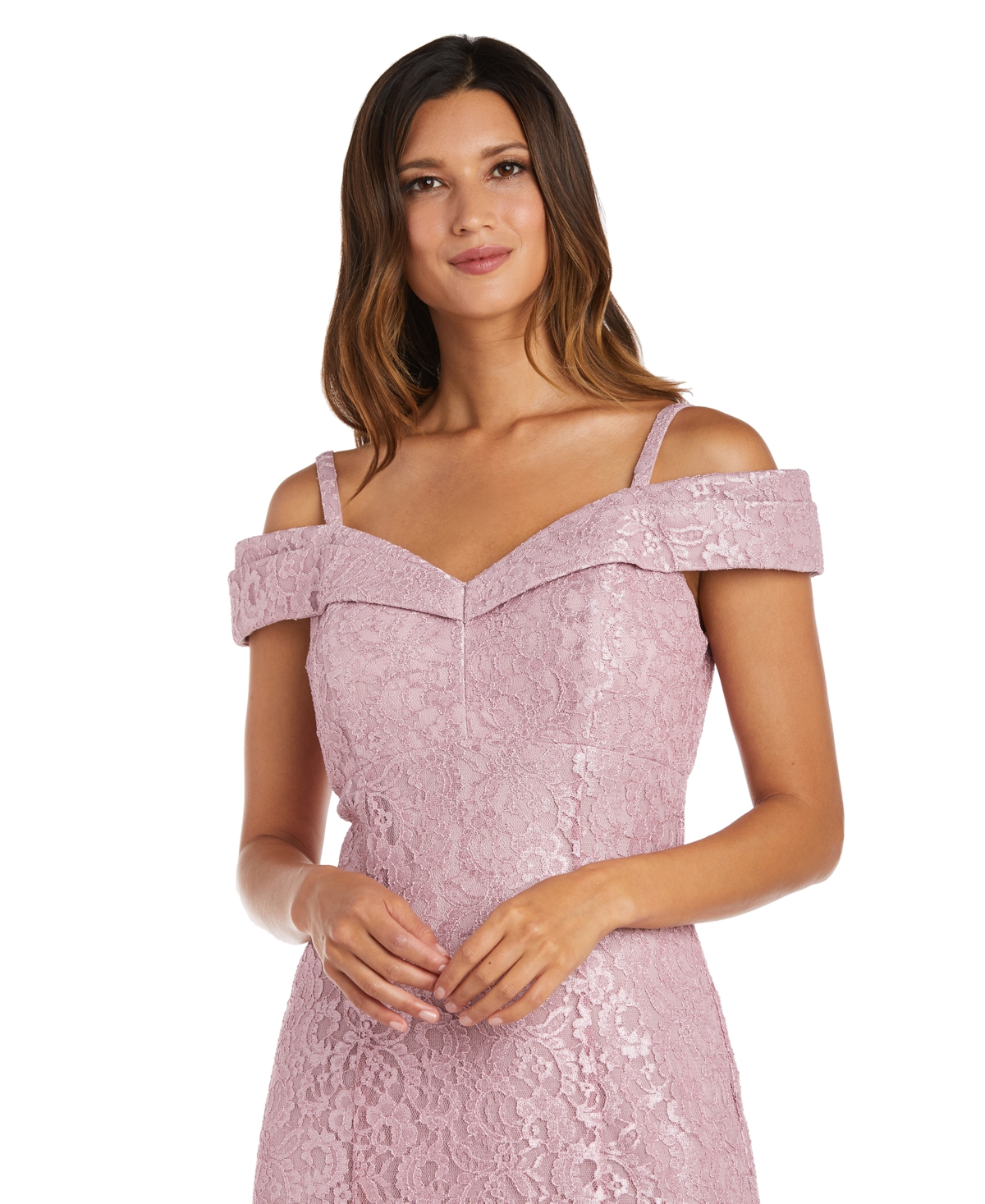 R & M Richards Off-The-Shoulder Lace Gown