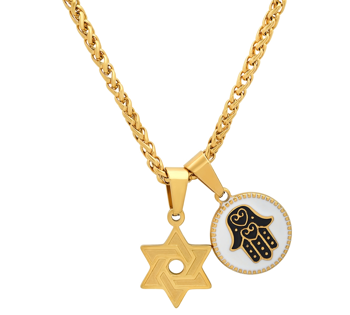 Shop Steeltime Men's 18k Gold Plated Star Of David & Hamsa Round Pendant Necklace, 24" In White,blue,gold
