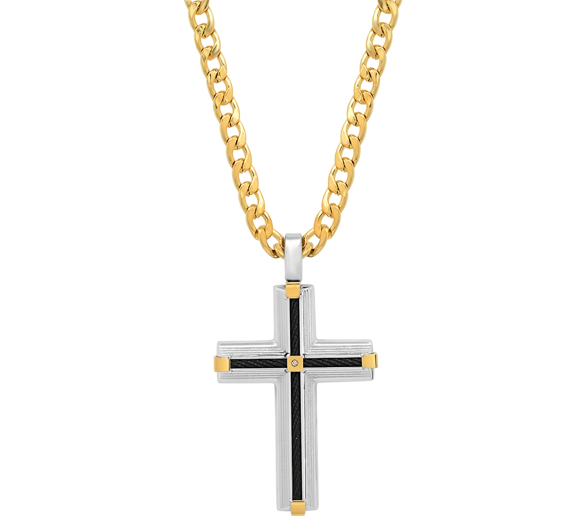 Men's 18K Gold Plated Tri-Tone Cross Pendant Necklace, 24" - Black, Gold, Silver