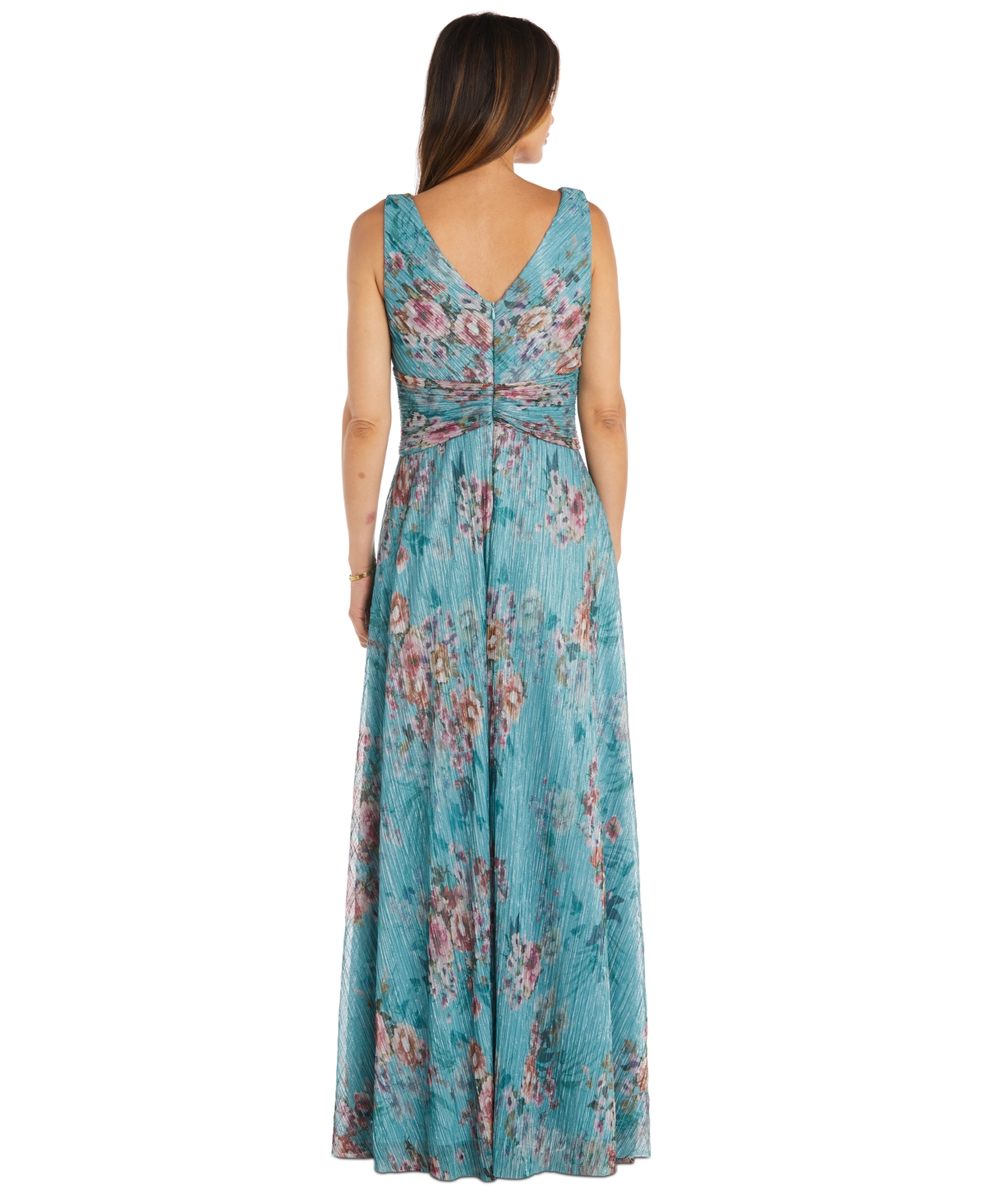 Shop R & M Richards Women's Metallic Floral Print Sleeveless Gown In Turquoise