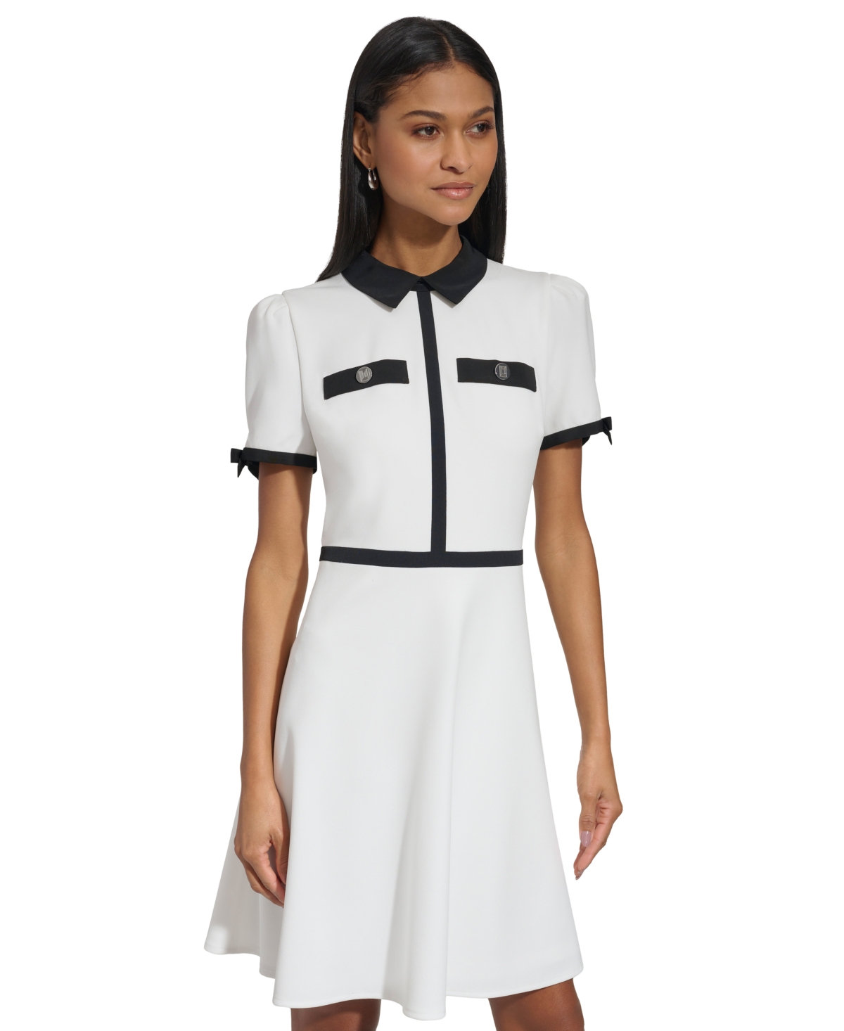 Shop Karl Lagerfeld Women's Collared Scuba Crepe A-line Dress In Soft White Black