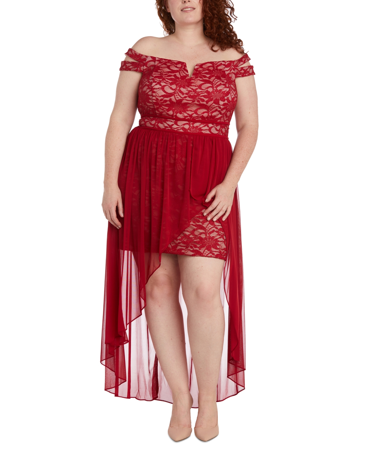 Trendy Plus Size Lace Off-The-Shoulder Dress - Red/Nude