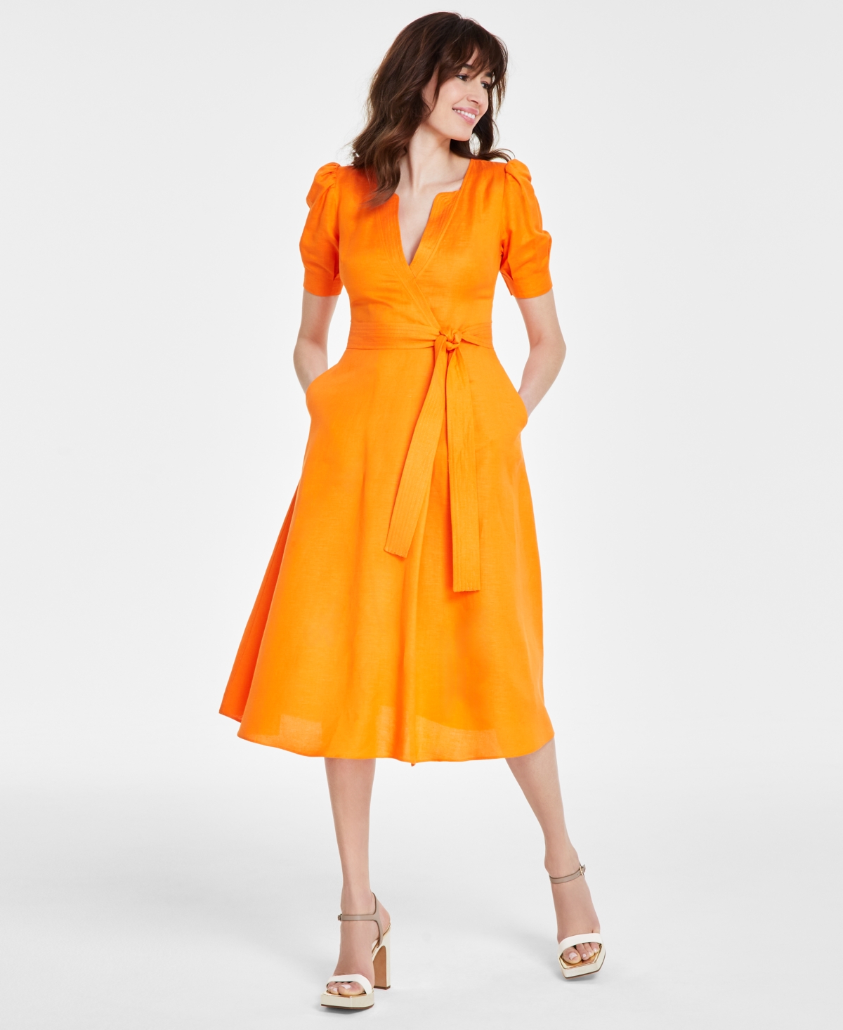 Shop Karl Lagerfeld Women's Tie-waist Short-sleeve Dress In Tangerine