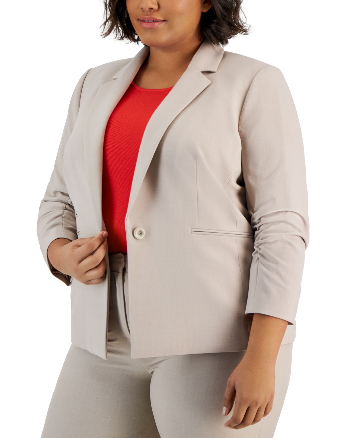 Женский пиджак Tahari ASL Plus Size Notched Collar Ruched-Sleeve Blazer, цвет: Песочный — фото 3