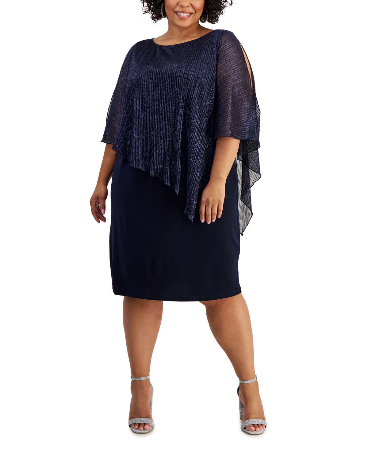 Connected Plus Size Pleated Metallic Cape Sheath Dress In Navy