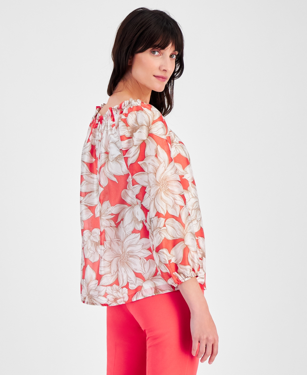 Anne Klein Women's Printed Ruffled-Neck Top -BRIGHT WHITE MULTI