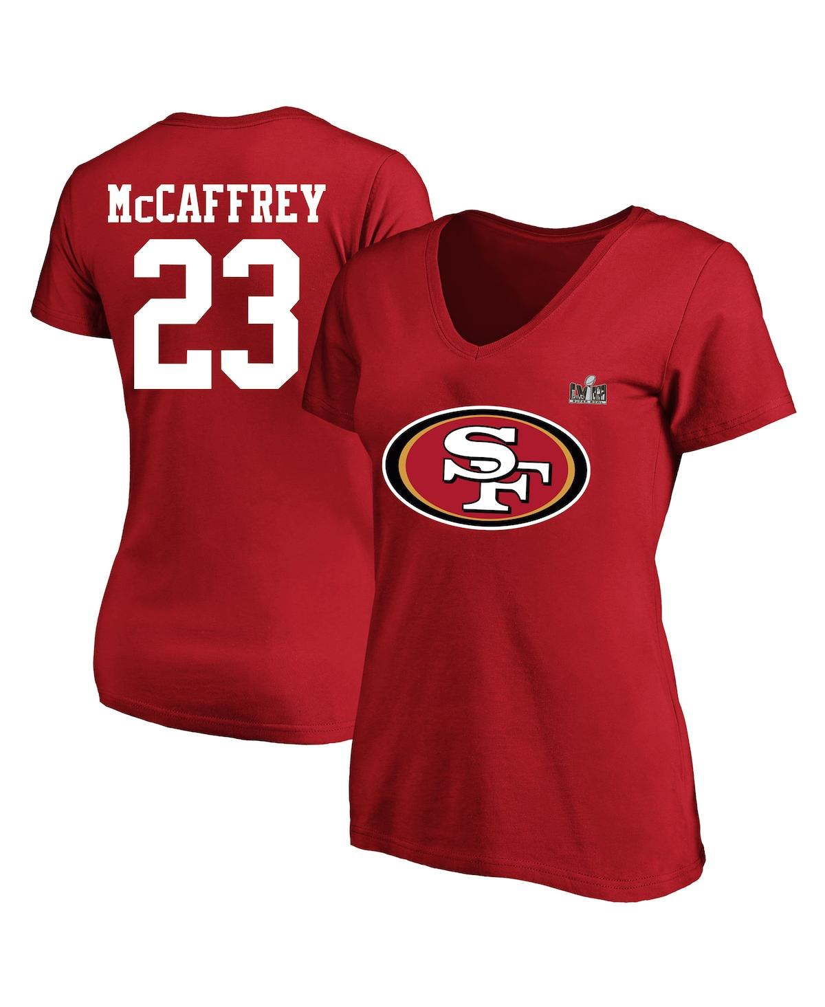 Fanatics Women's Christian Mccaffrey Scarlet San Francisco 49ers Plus Size Sleeve Stripe Name Number T-shirt In Scarlet