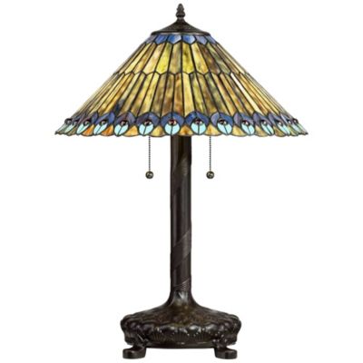 Table Lamp 26" High Antique Bronze Tiffany Style Peacock Art Glass Shade for Living Room Family Bedroom Bedside Office