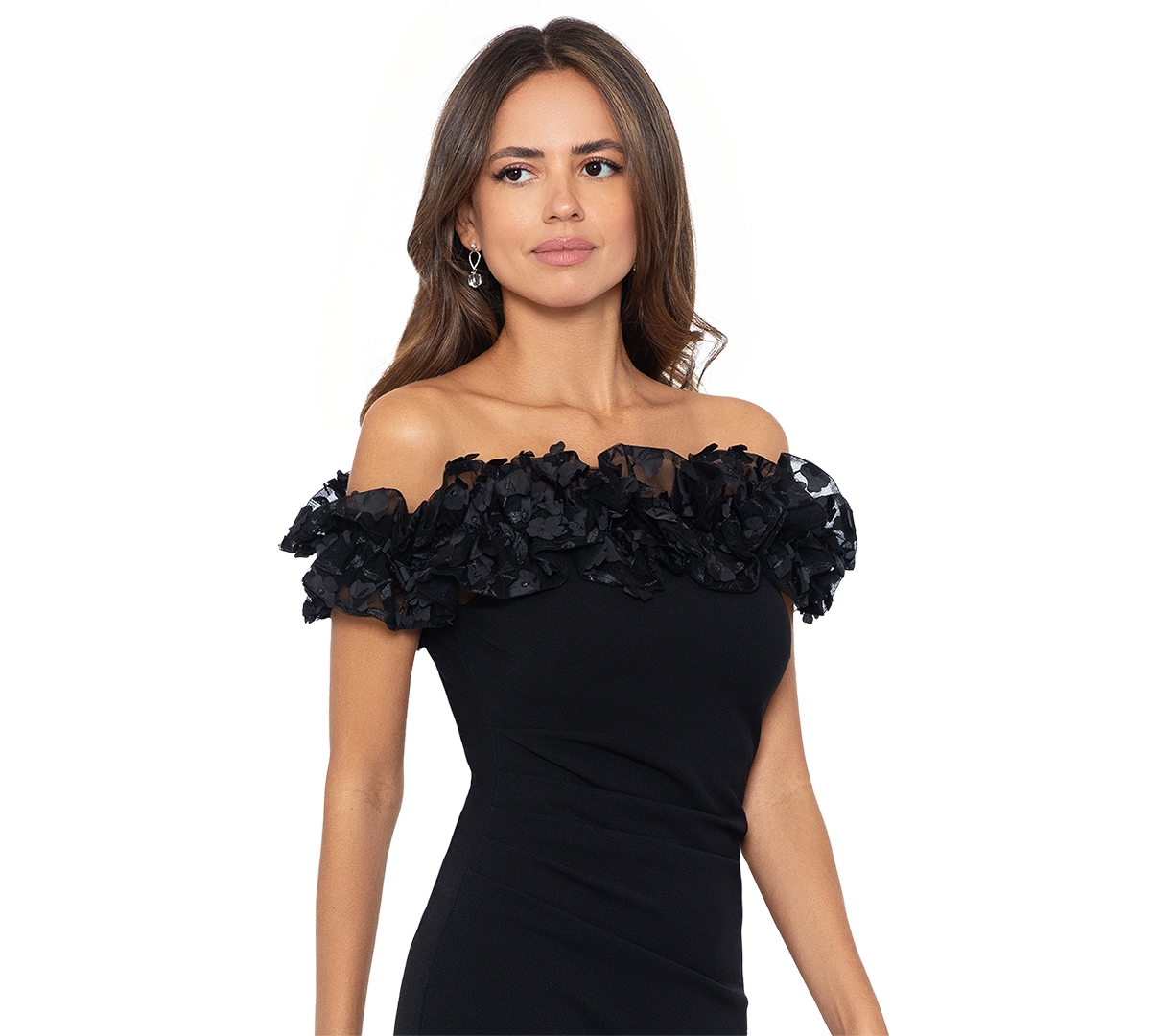 Shop Xscape Petite Floral-applique Off-the-shoulder Gown In Black