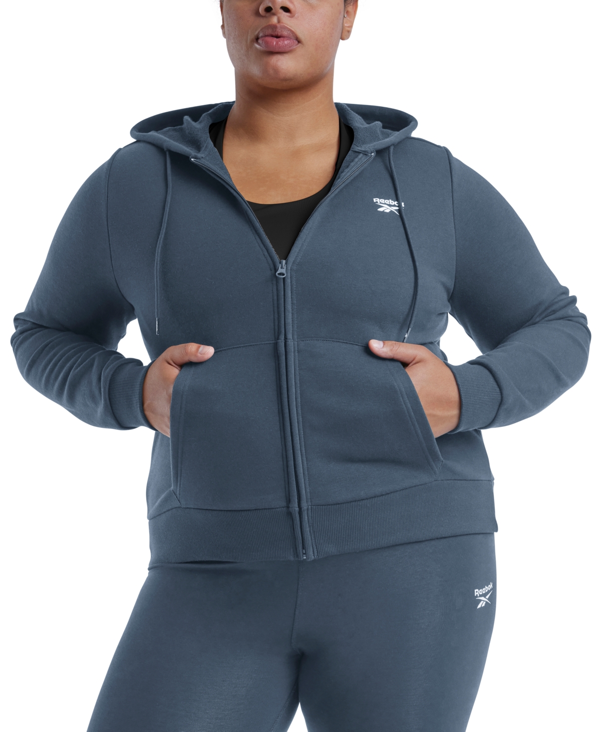 Reebok Plus Size Full-zip Kangaroo-pocket Hooded Sweatshirt In East Coast Blue