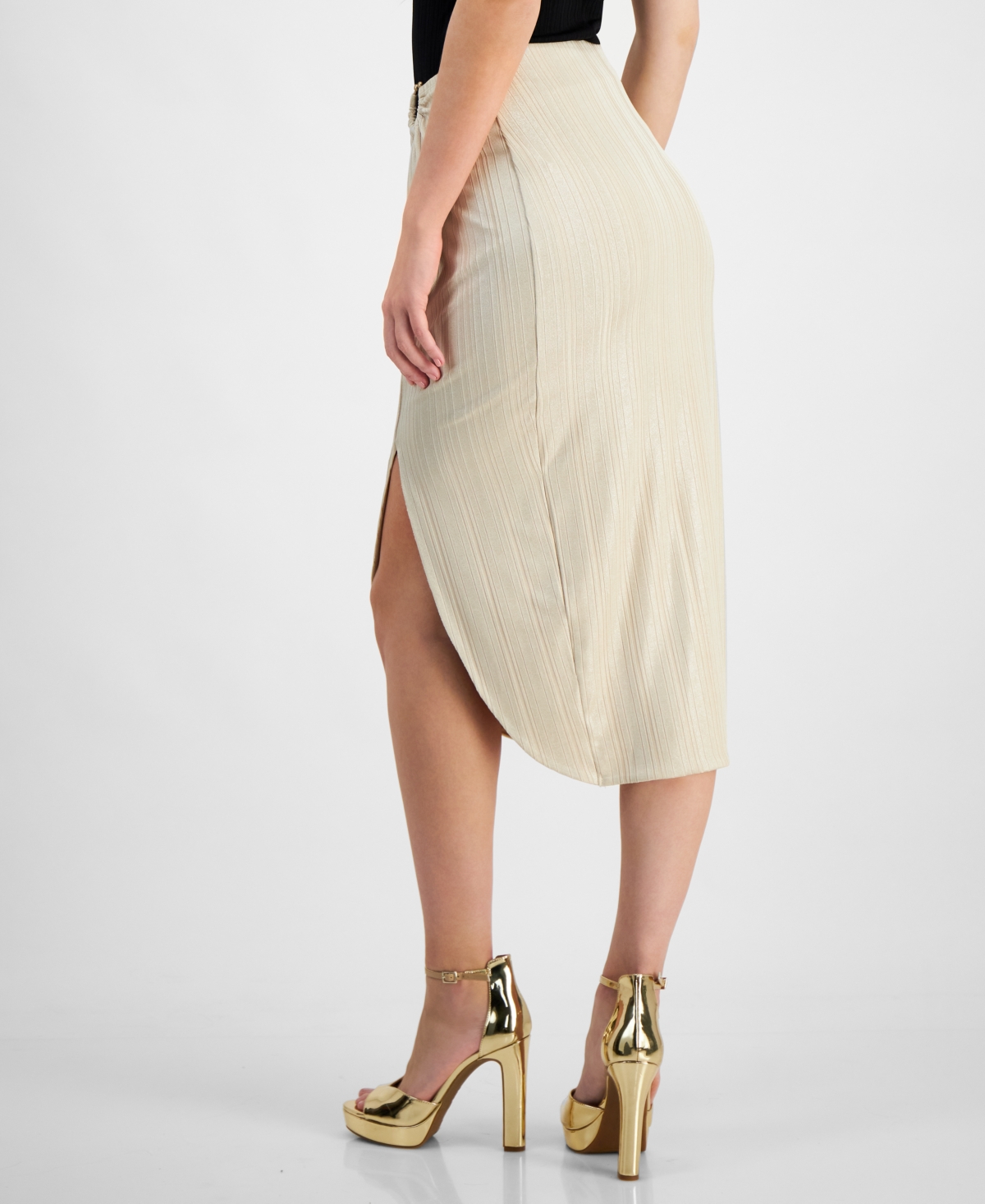 Shop Guess Women's Cristina Ribbed Side-slit Midi Skirt In Safari Tan Foil