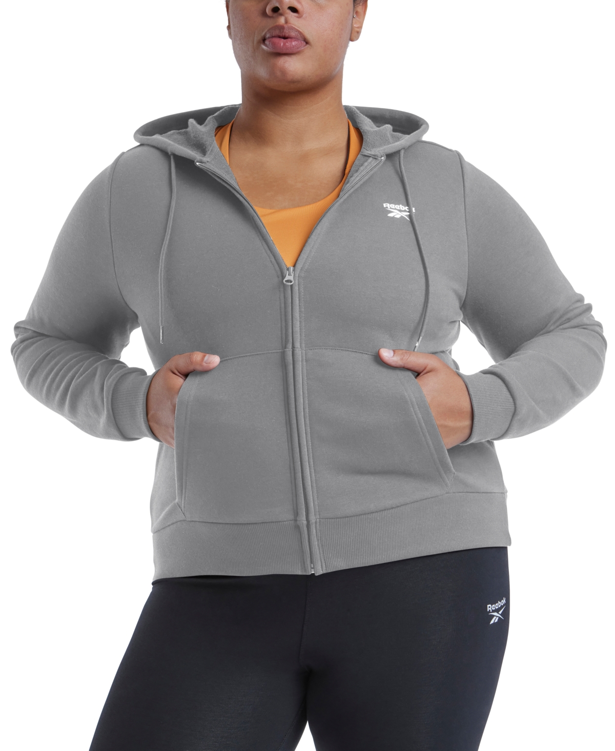 Reebok Plus Size Full-zip Kangaroo-pocket Hooded Sweatshirt In Medium Grey Heather