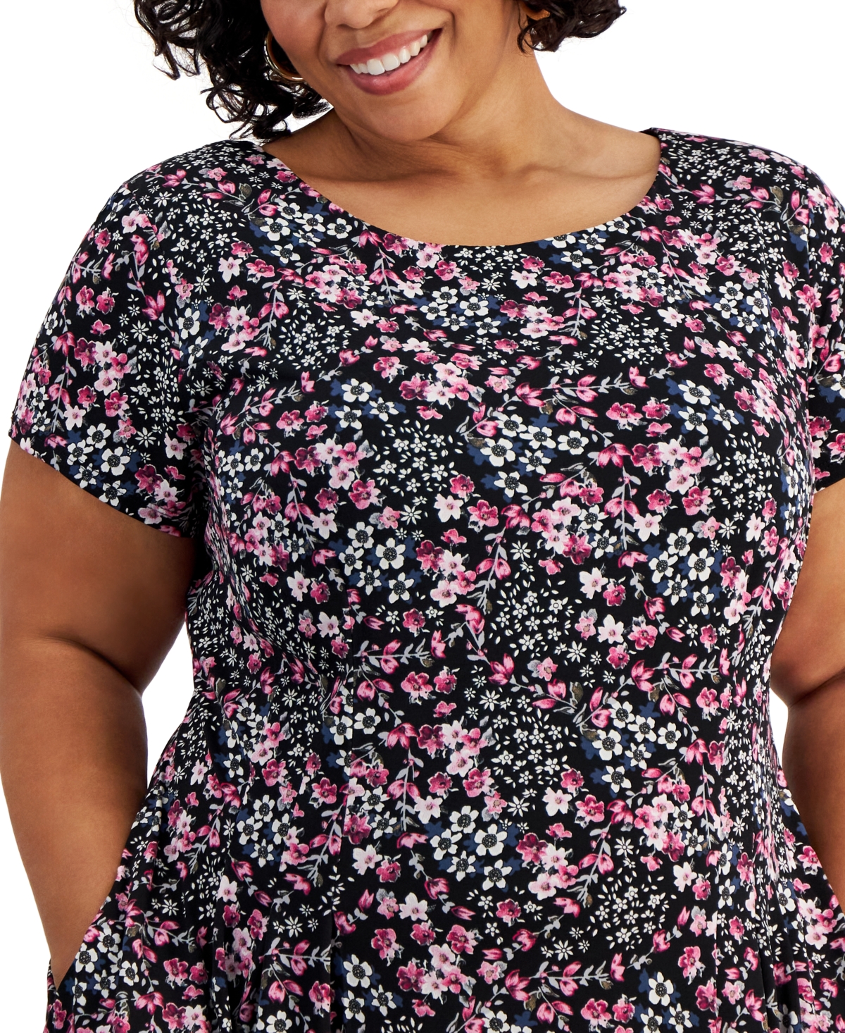 Shop Connected Plus Size Printed Fit & Flare Short-sleeve Dress In Berry