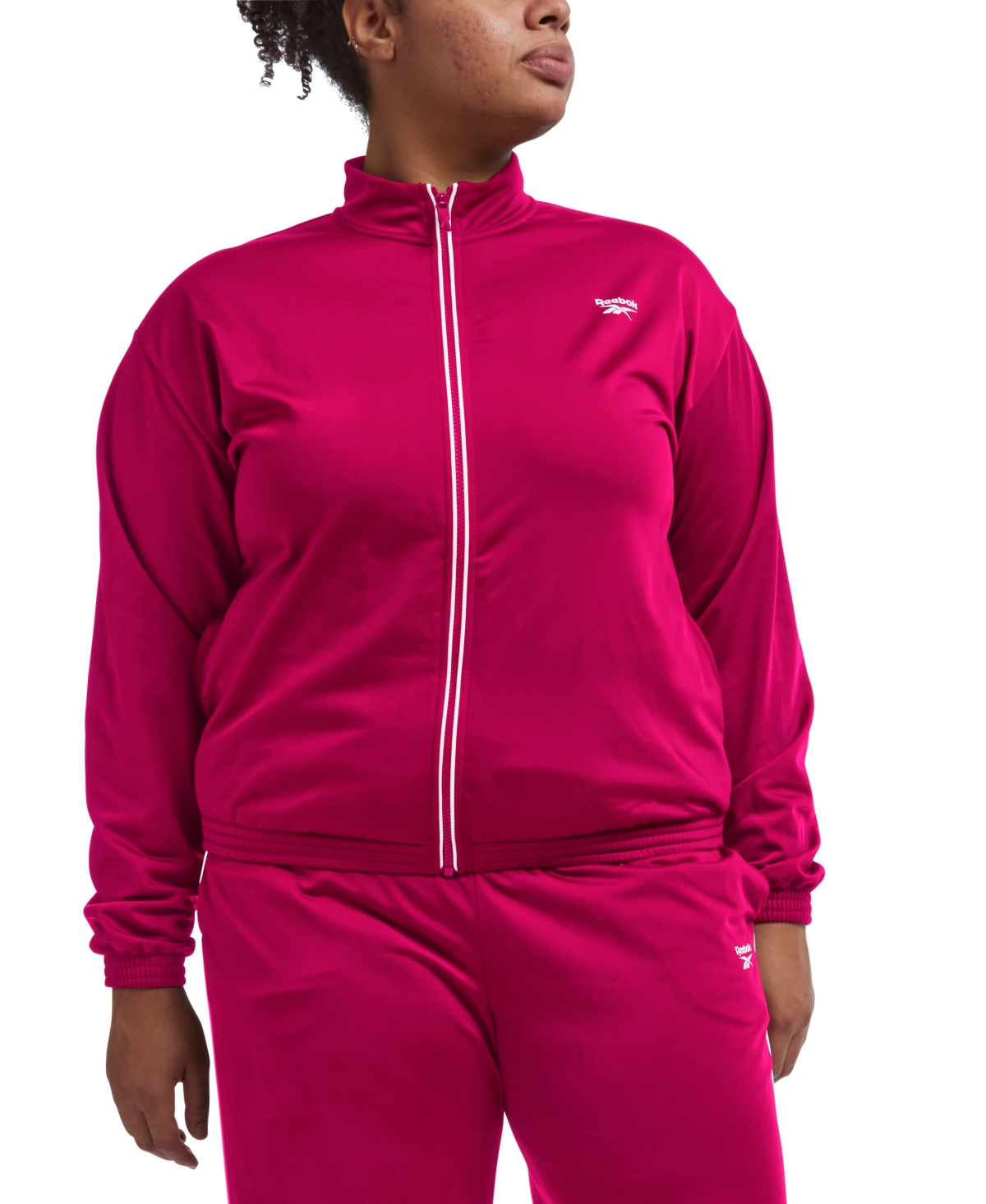 Plus Size Tricot Zip-Front Long-Sleeve Jacket - Brght Pink