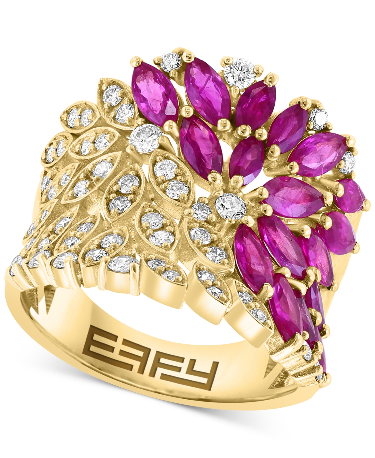 Effy Collection Effy Ruby (2-1/3 Ct. T.w.) & Diamond (2-1/3 Ct. T.w.) Marquise Floral-inspired Cluster Ring In 14k G In Yellow Gol