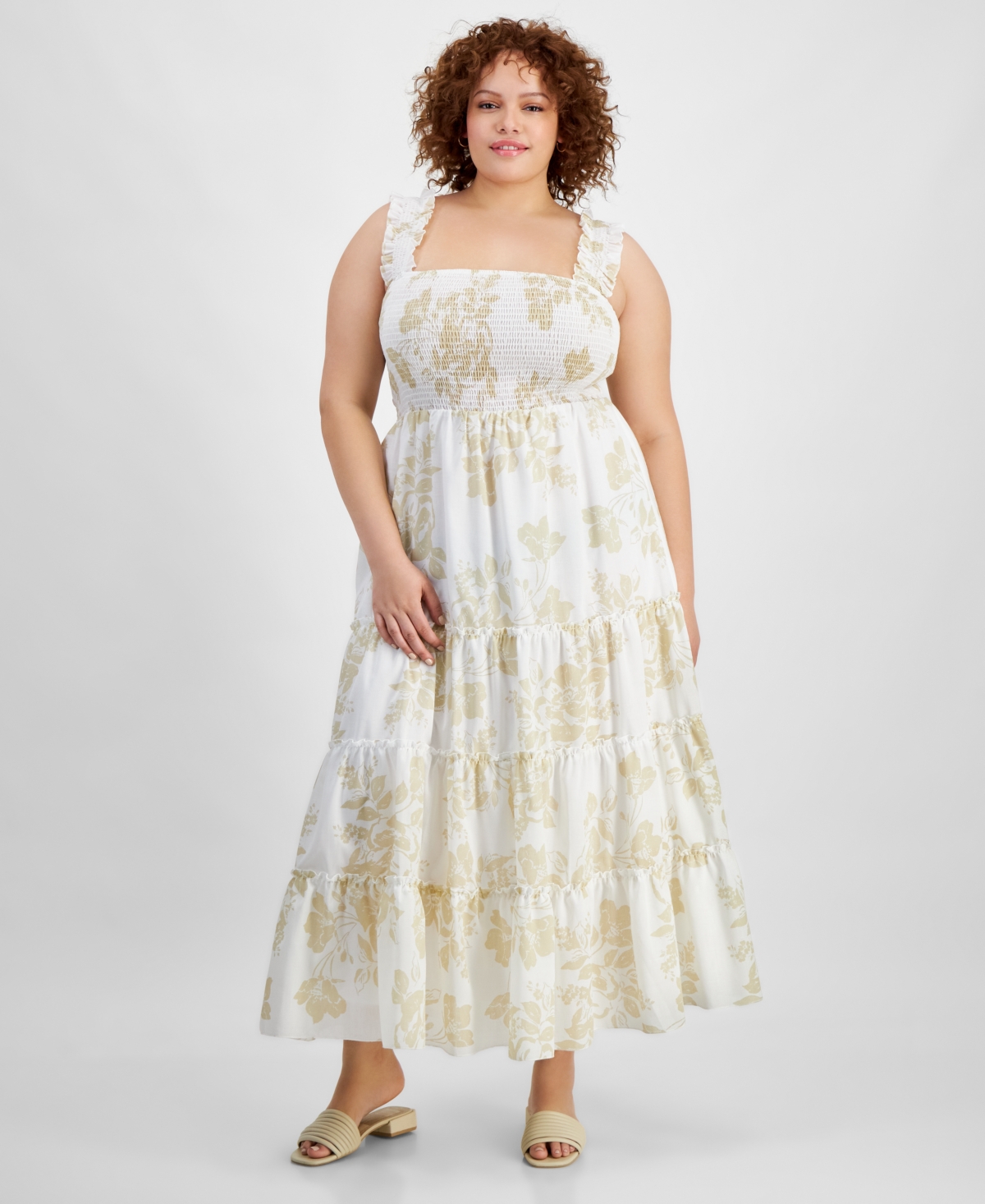 And Now This Trendy Plus Size Smocked Ruffle Maxi Dress In Neutral Fl