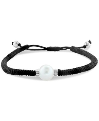EFFY&reg; Men's Freshwater Pearl (11mm) Black String Bolo Bracelet in Sterling Silver