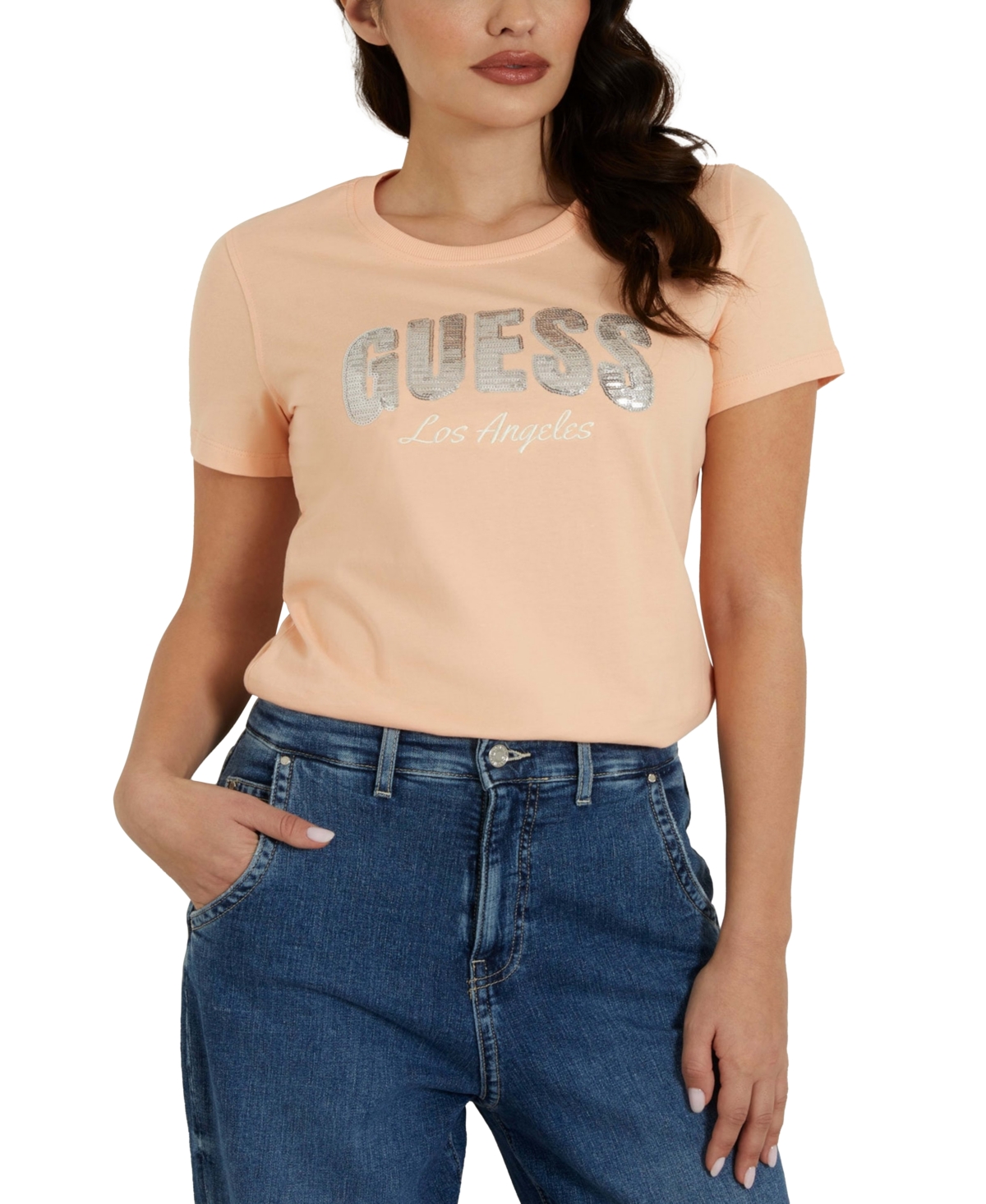 Guess Women's Sequin Logo T-shirt In Peach Sky