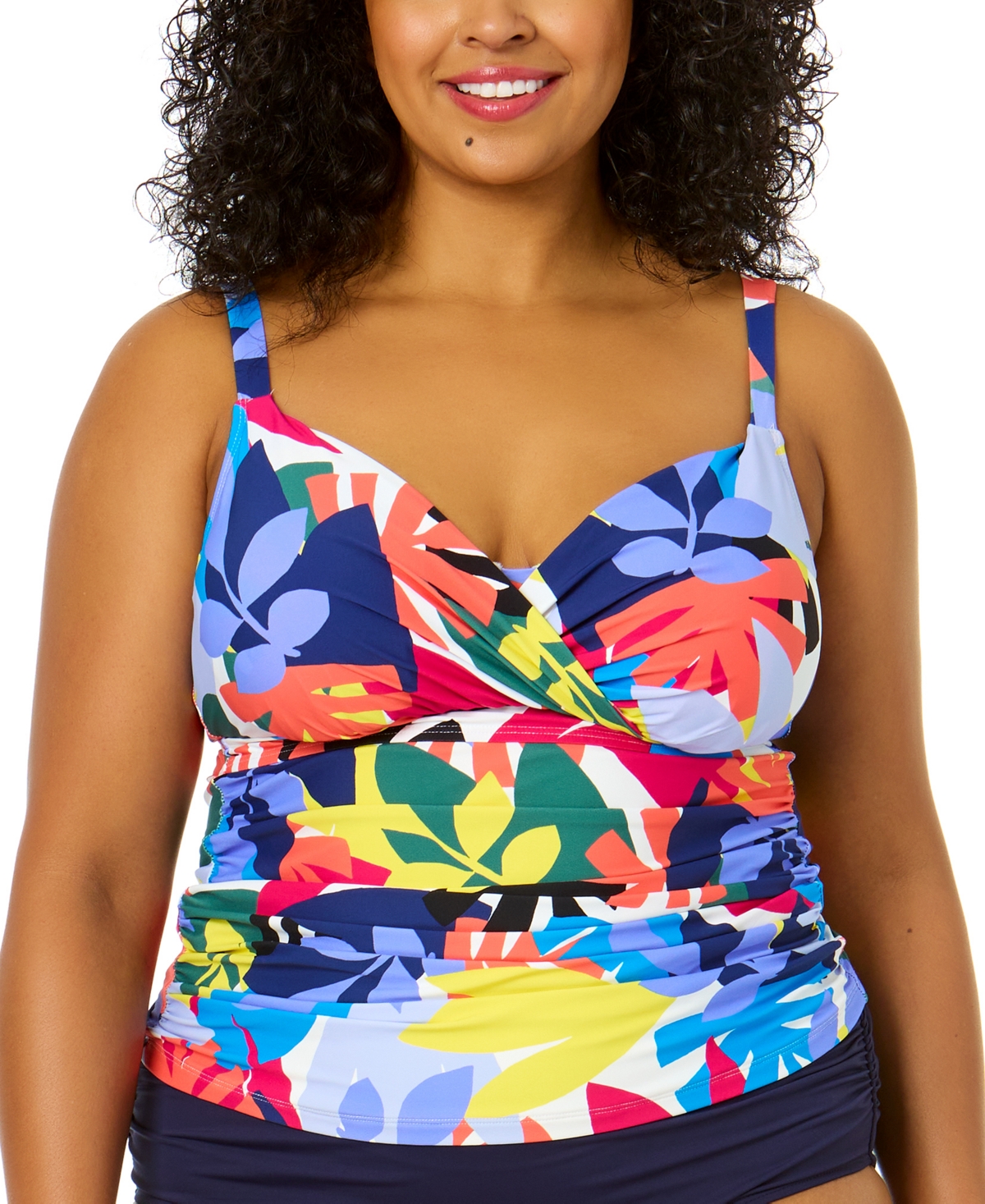 Plus Size Crossover Bandeau Underwire Tankini Top - Tropic Stamp