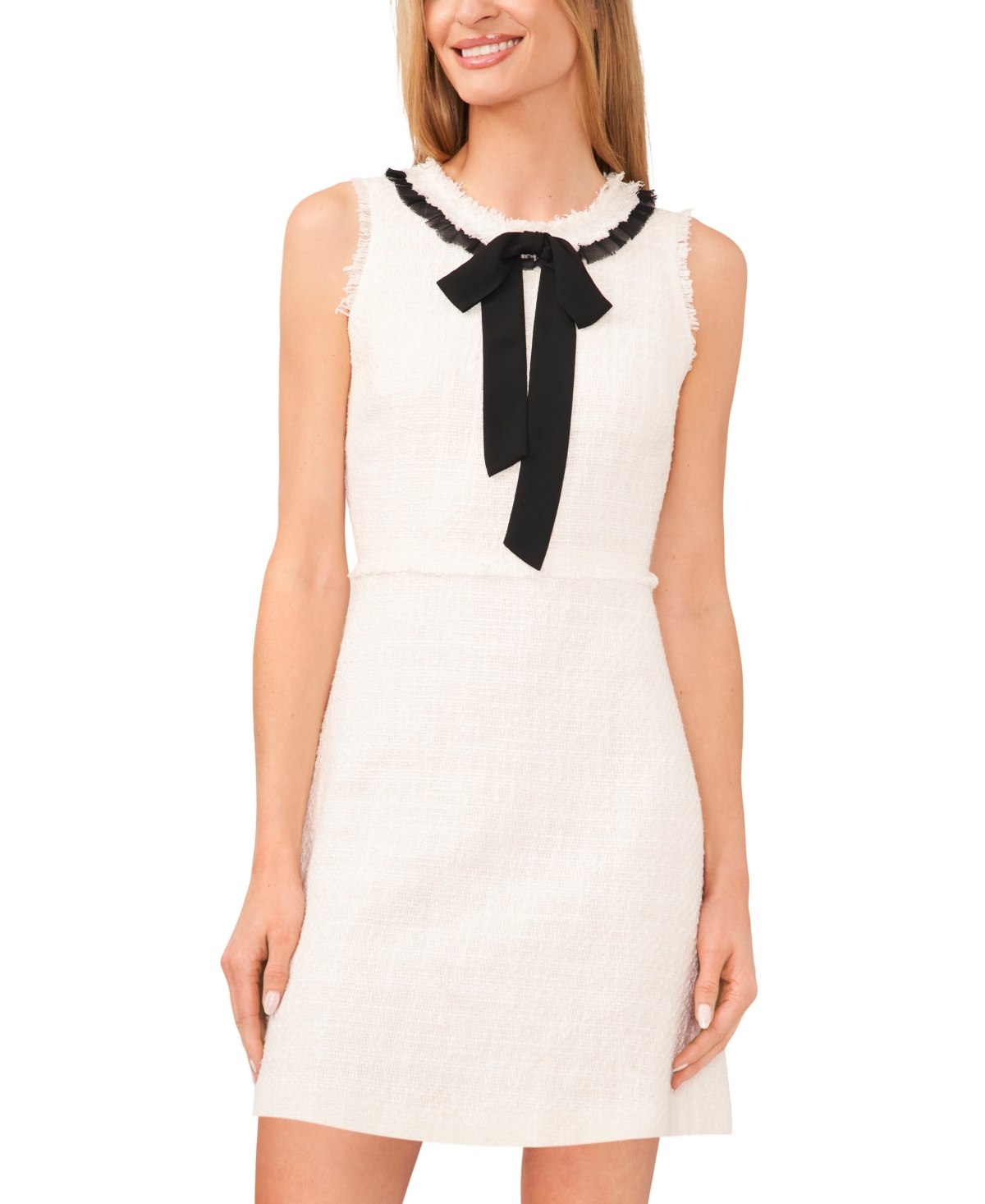 Shop Cece Women's Tweed Sleeveless Contrast-bow Shift Dress In Ultra White