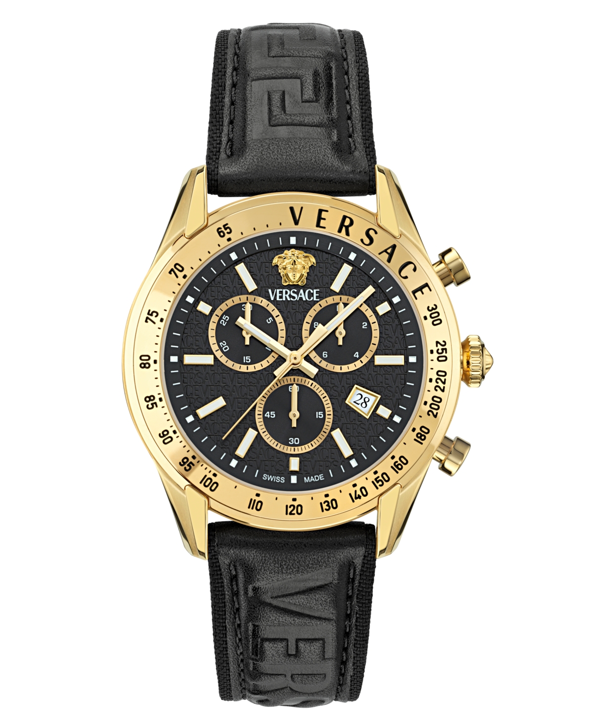 Versace Men's Swiss Chronograph Black Leather Strap Watch 44mm In Gold