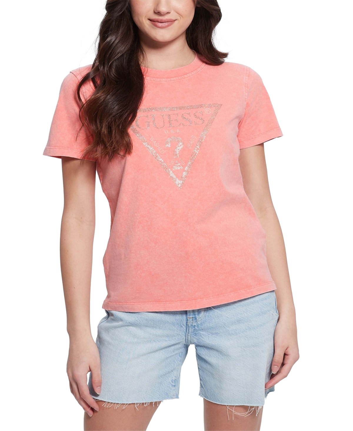 Shop Guess Women's Studded Logo Cotton Short-sleeve T-shirt In Peach Coral