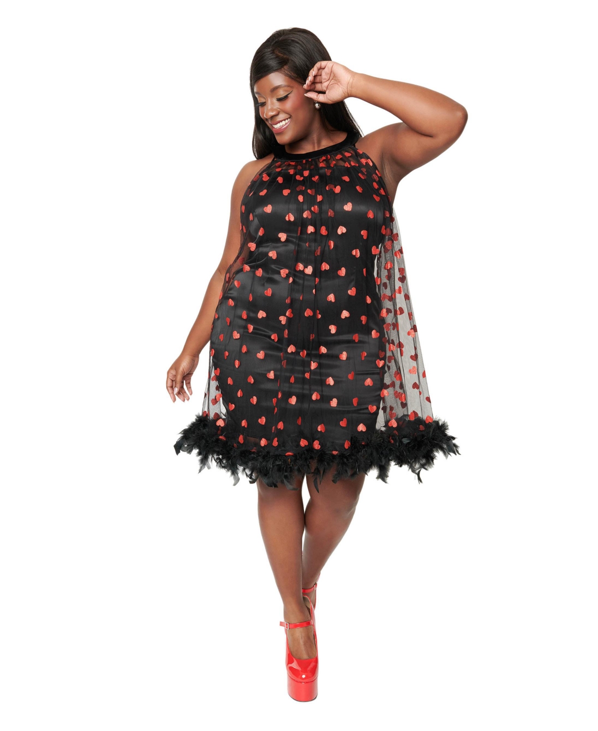 Plus Size Black Mesh & Glitter Hearts Organza Dress - Black/glitter hearts