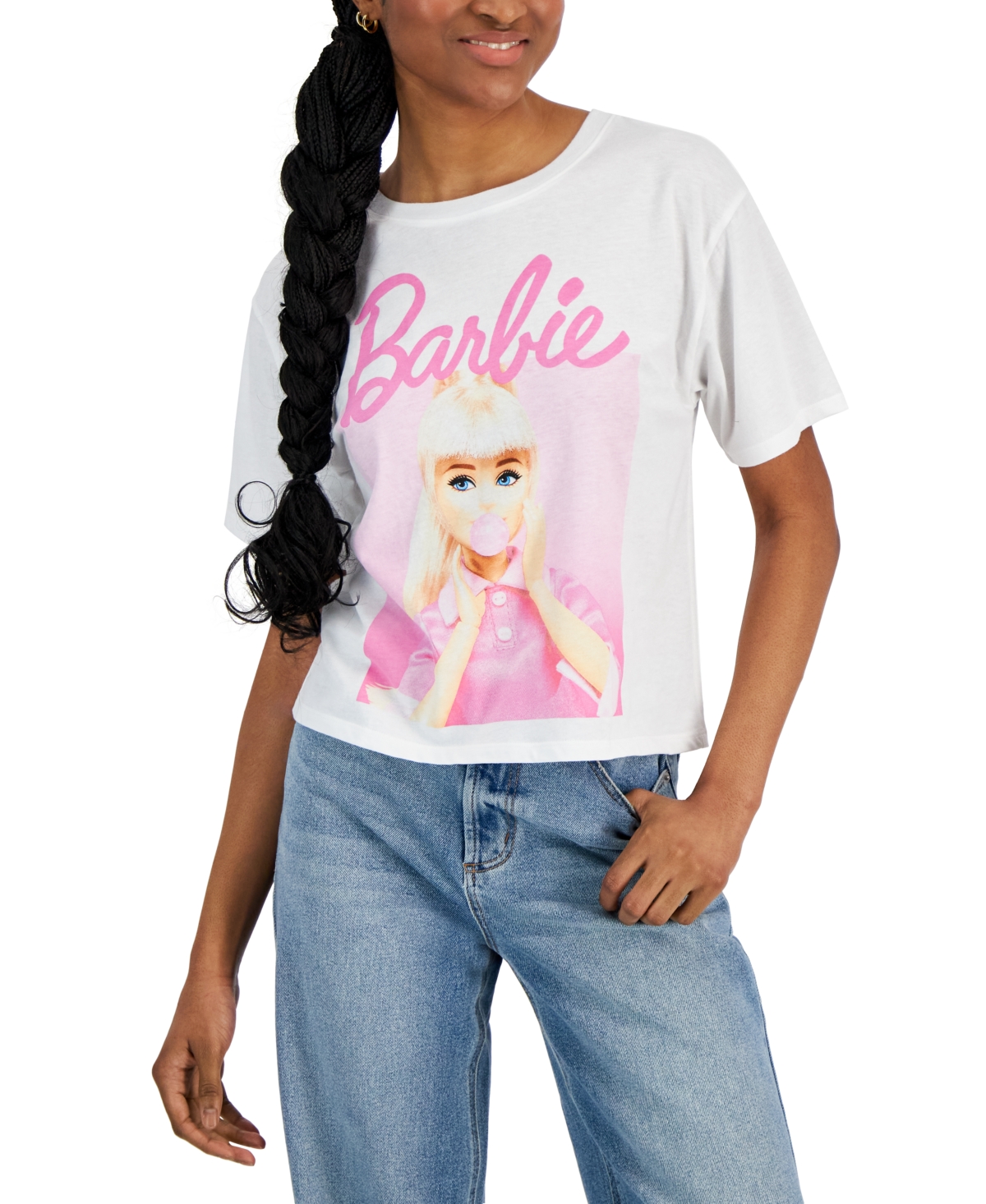 Juniors' Bubblegum Barbie Crewneck Tee - White