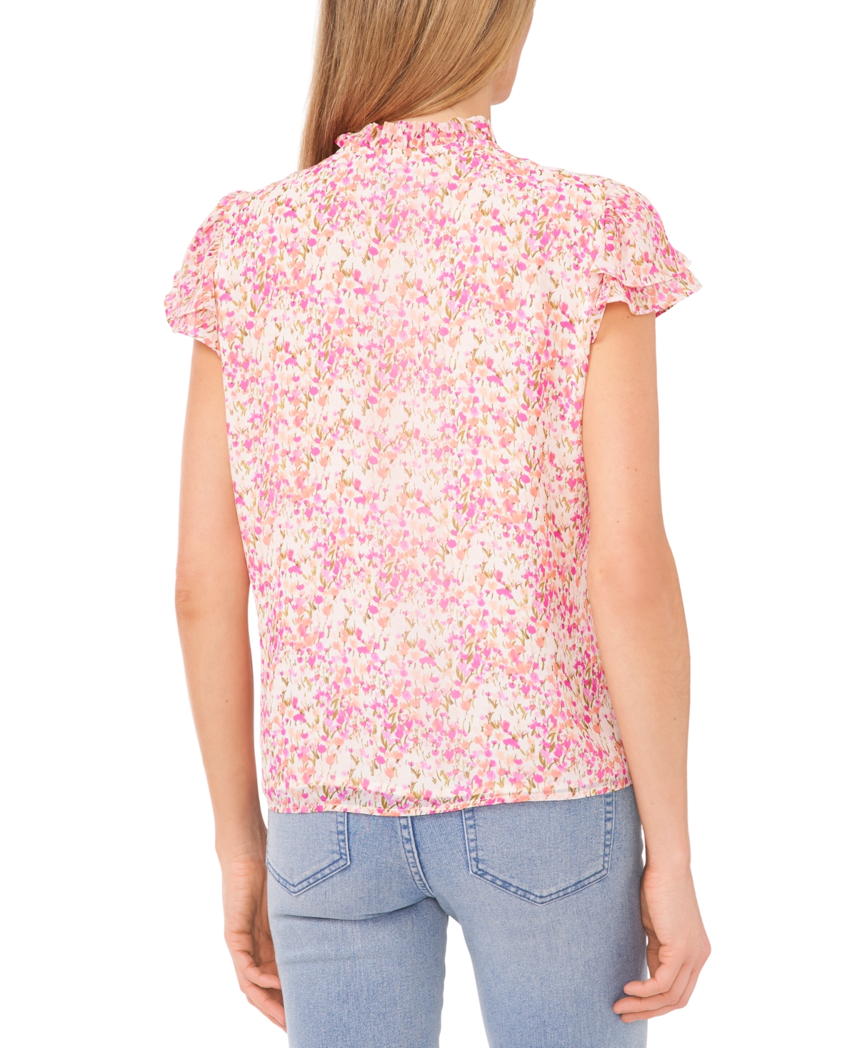 Cece Floral Flutter Sleeve Top In Peach Coral