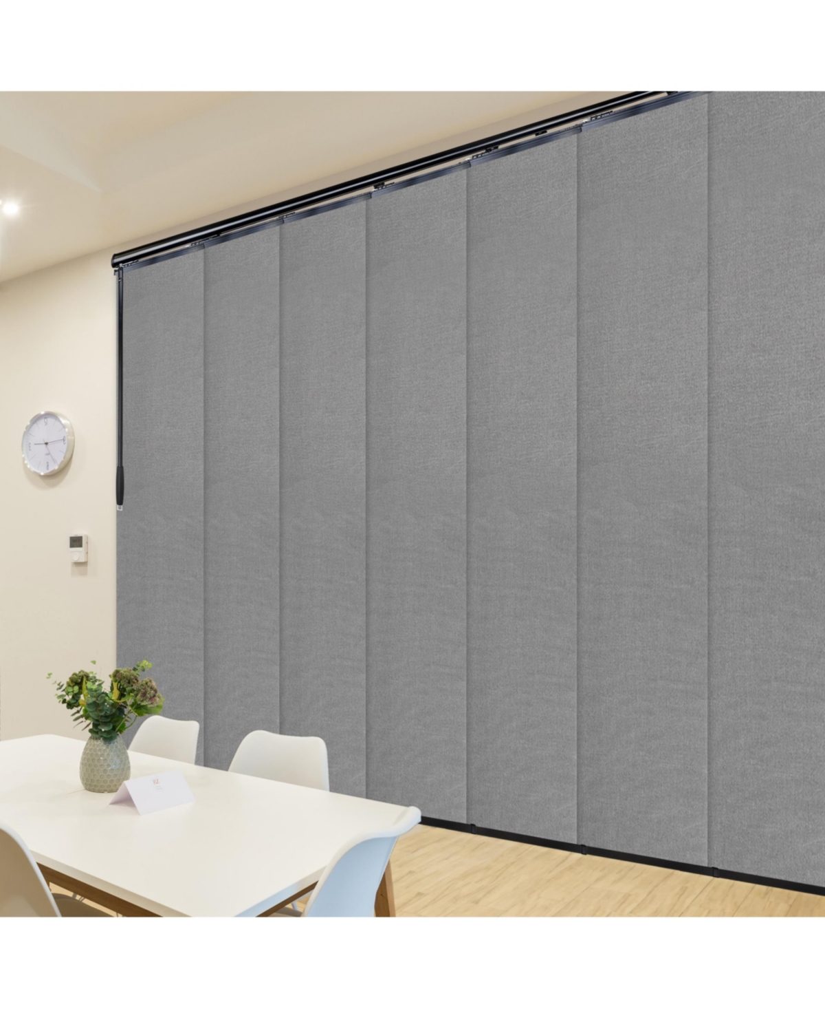 Rod Desyne Woven Gray Blinds 7-panel Single Rail Panel Track Extendable 110"-153"w X 94"h, Panel Width 23.5" In Black