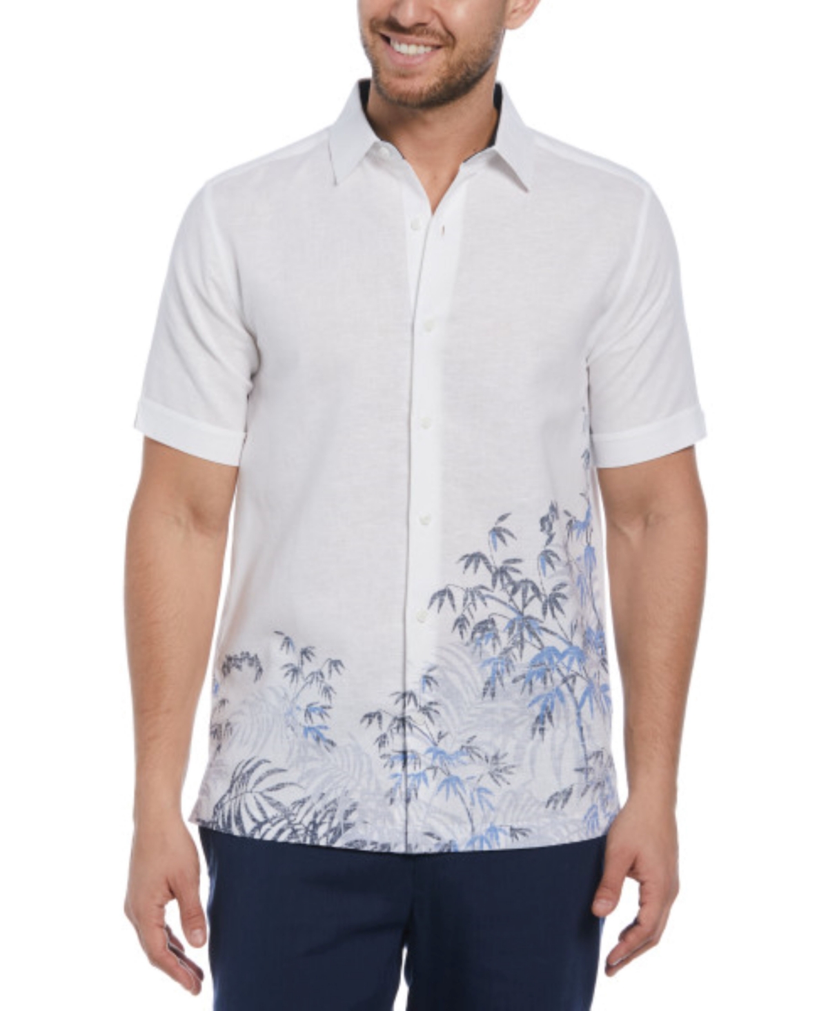 Men's Short Sleeve Linen Blend Bamboo Leaf Print Button-Front Shirt - Brilliant White