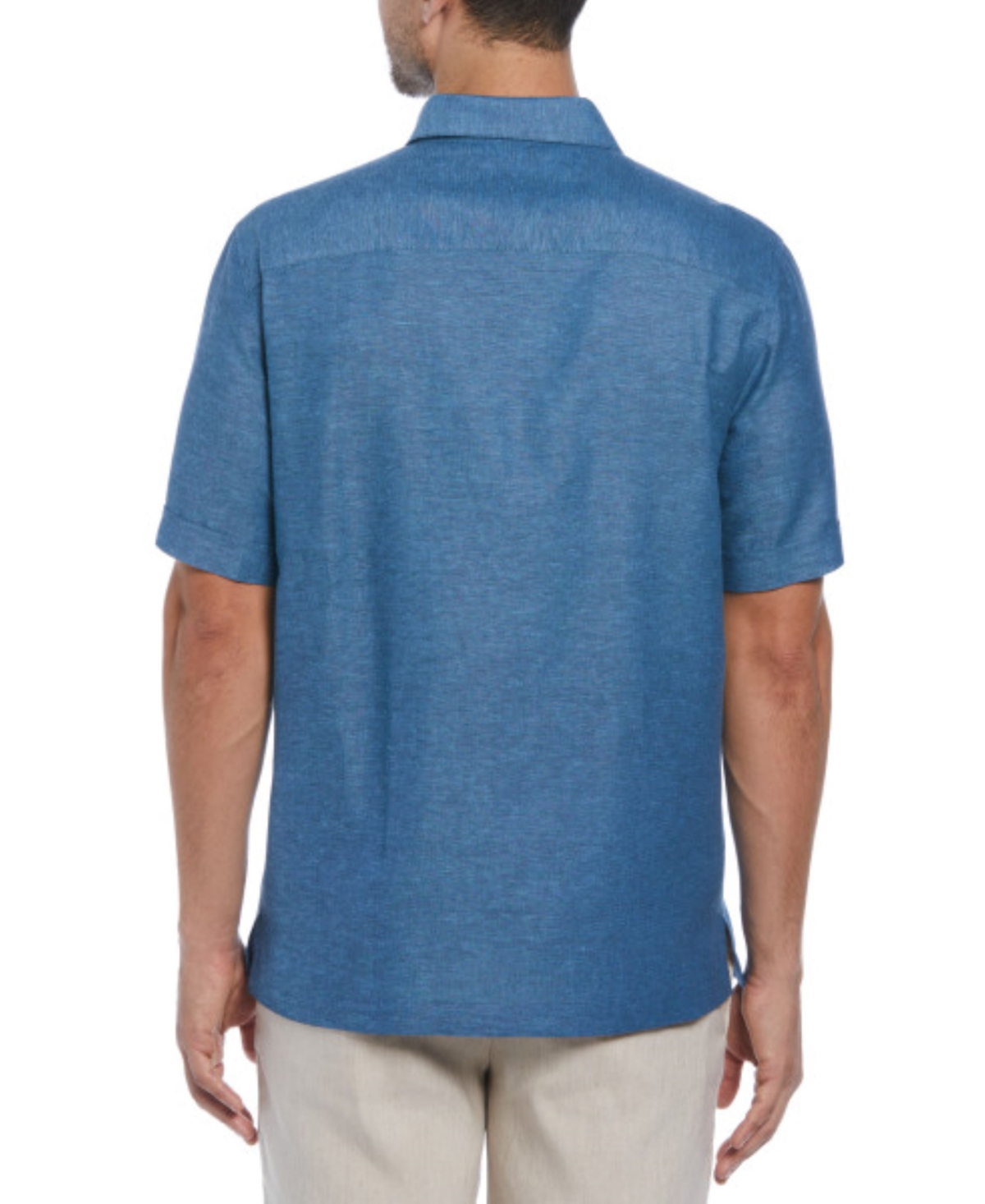 Shop Cubavera Men's Chambray Short Sleeve Tropical Leaf Print Linen Blend Button-front Shirt In Titan