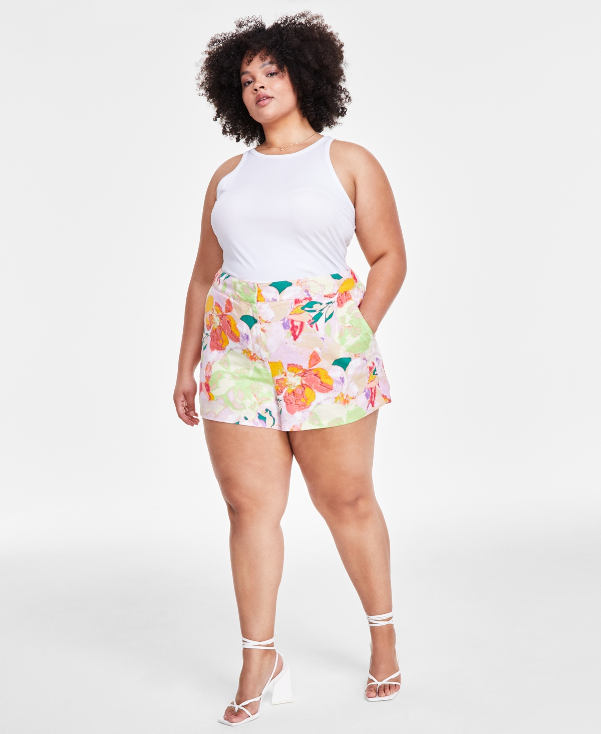 Trendy Plus Size Printed Linen Shorts, Created for Macy's - Alexa Floral