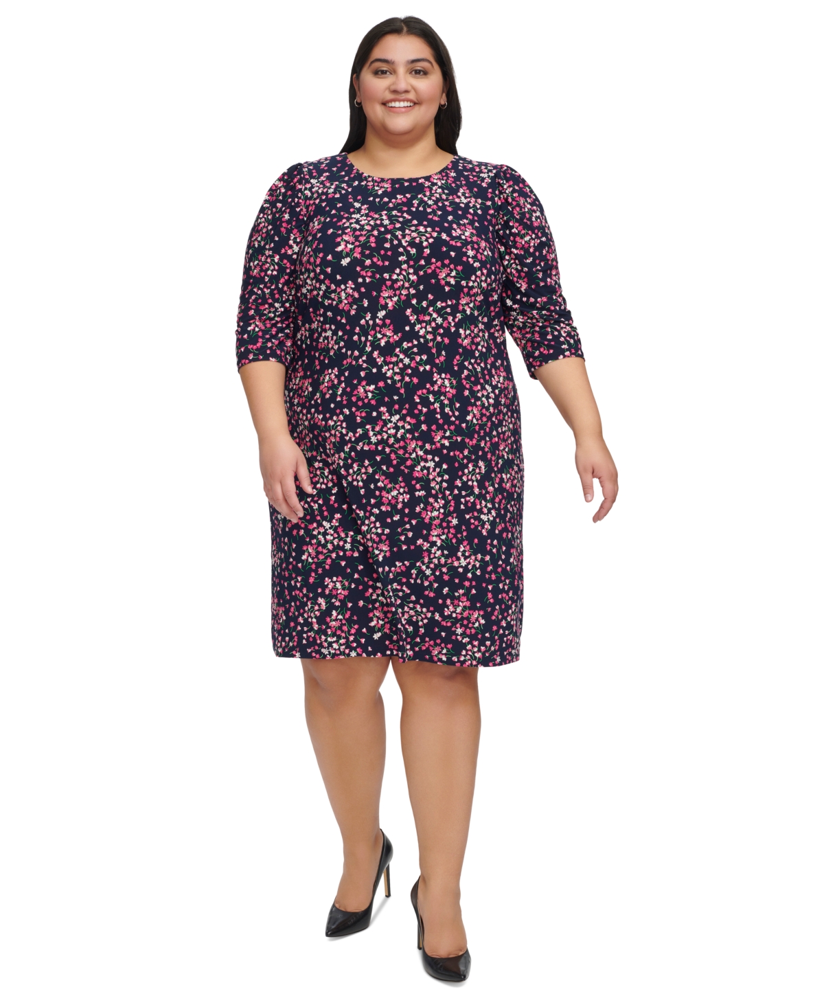 Shop Tommy Hilfiger Plus Size Floral 3/4-sleeve Jersey Dress In Skycapt,ht