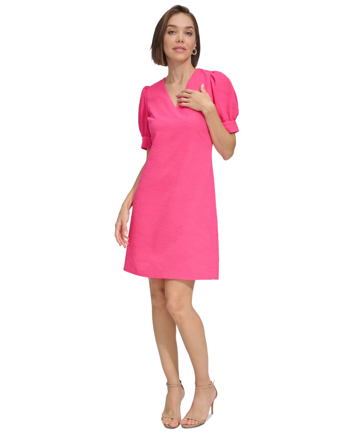 Shop Tommy Hilfiger Women's Blossom Jacquard Puff-sleeve Dress In Hot Pink