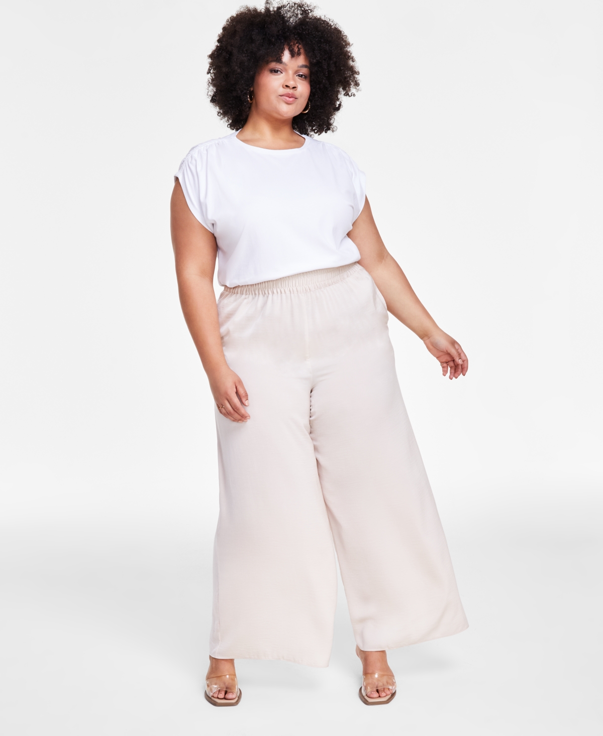 Trendy Plus Size Pull-On Wide-Leg Pants, Created for Macy's - Cream Caramel