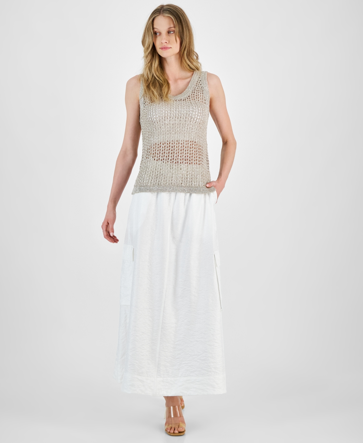 Women's Metallic Cargo Maxi Skirt, Created for Macy's - Crema