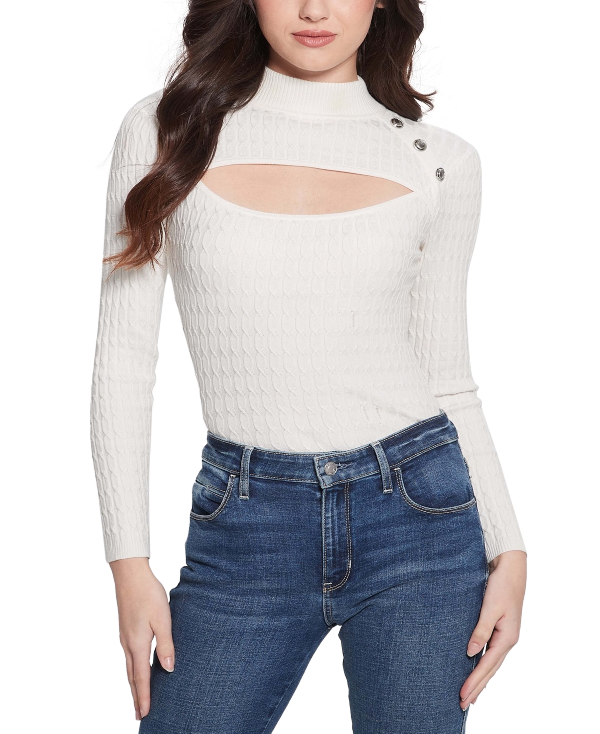 Guess Women's Nikki Cutout Cable-knit Mock Neck Sweater In Dove White