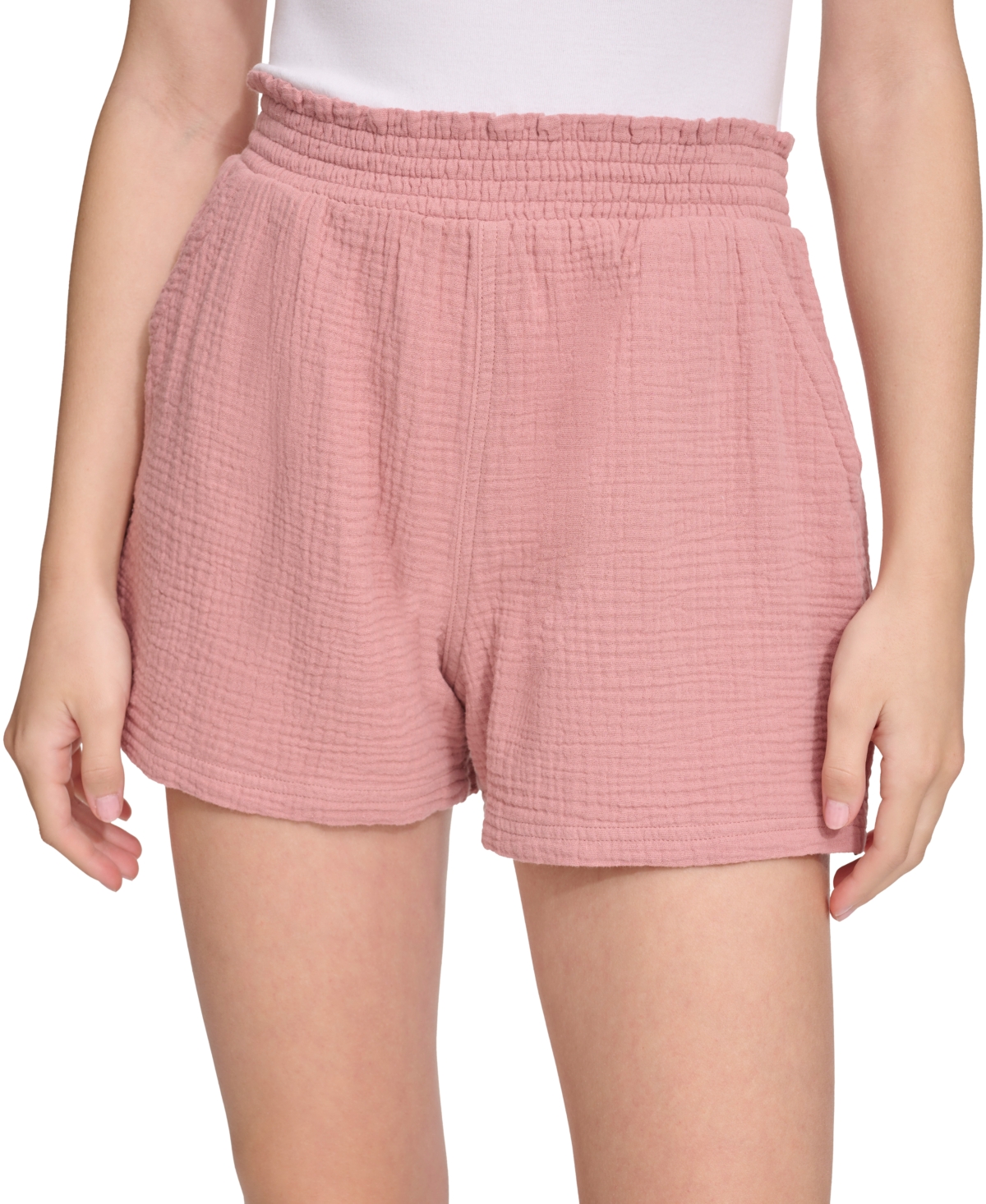 Calvin Klein Jeans Est.1978 Women's Smocked-waist Double-crepe Pull-on Cotton Shorts In Ash Rose