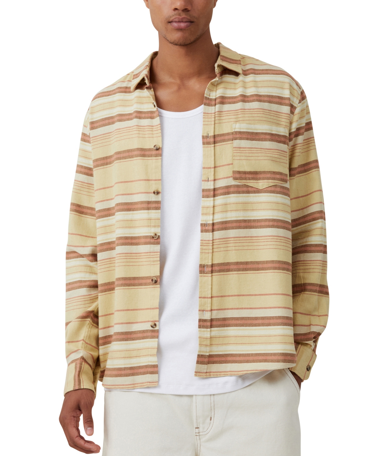 Cotton On Men's Camden Long Sleeve Shirt In Burnt Red Stripe