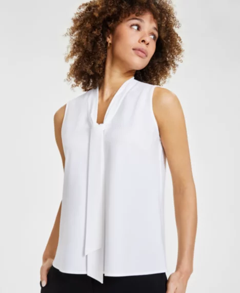 Women's Sleeveless Tie-Neck Top, Regular & Petite - White