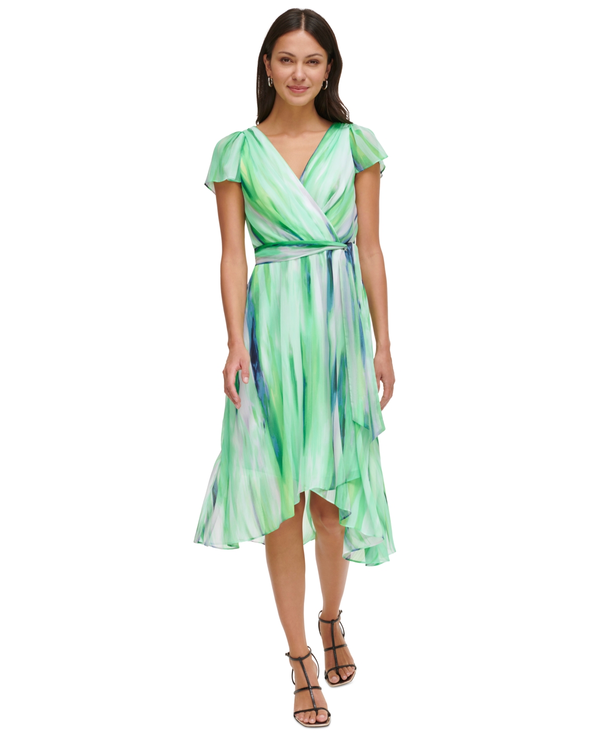Dkny Women's Printed Flutter-sleeve High-low Dress In Honeydew