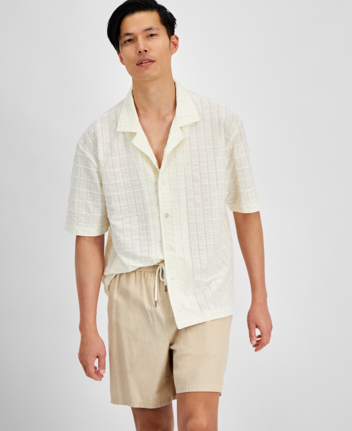 And Now This Men's Textured Knit Short-sleeve Camp Shirt, Created For Macy's In Cream