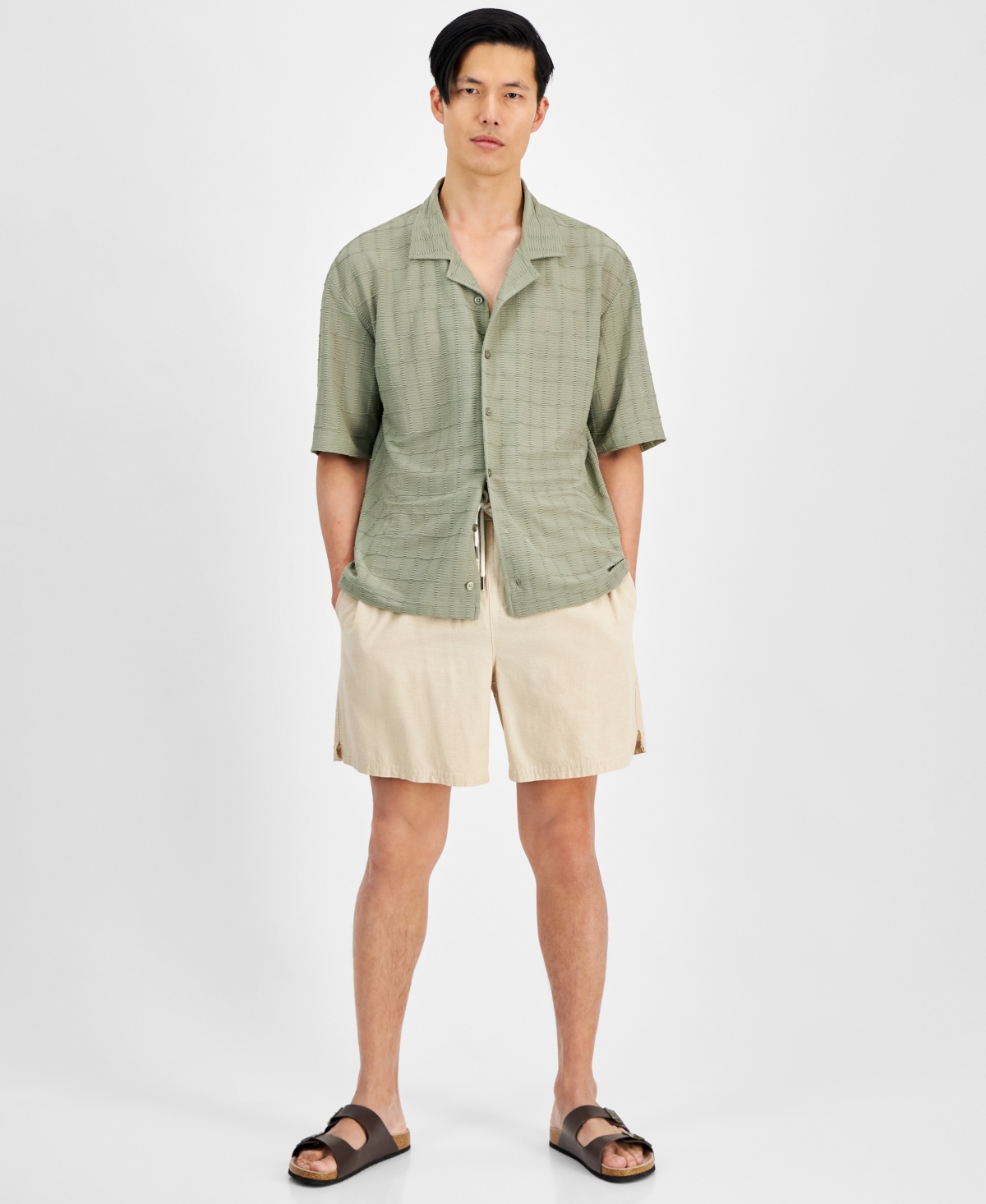 Men's Textured Knit Short-Sleeve Camp Shirt, Created for Macy's - Green